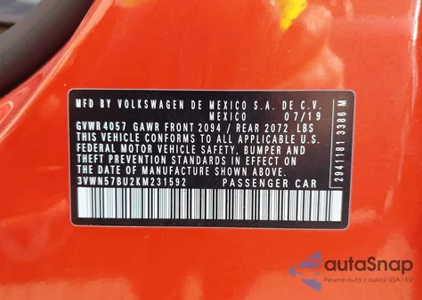 2019 Volkswagen Jetta S from USA, damaged, VIN 3VWN57BU2KM231592